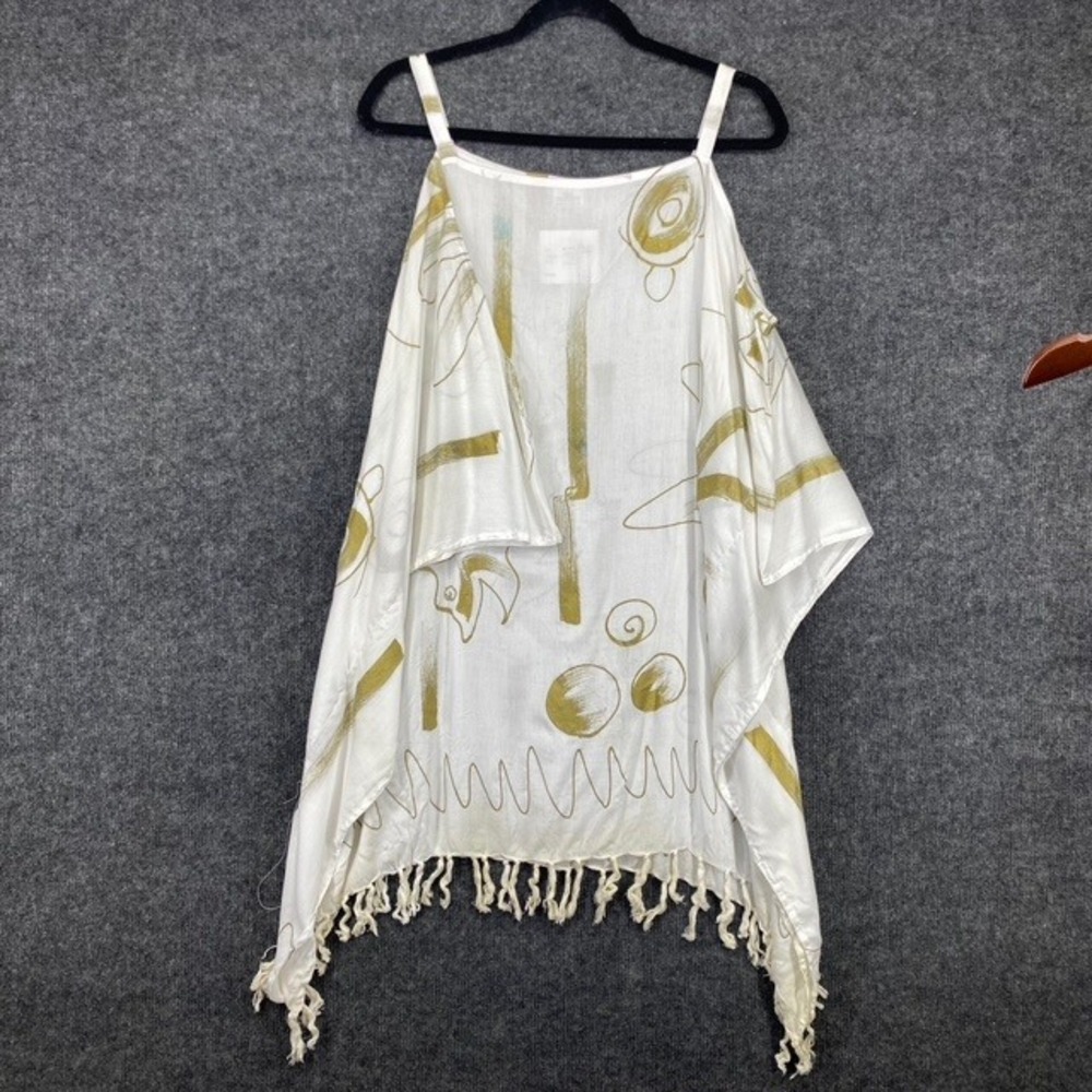 Bali Collection Eva Rayon Cold Shoulder Tunic Top White Gold Abstract Fish OS